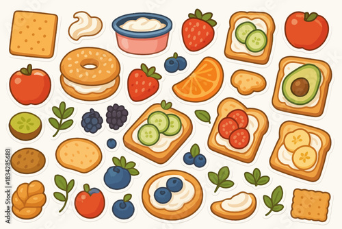 Colorful array of delicious fruit and vegetable snacks on bread and crackers
