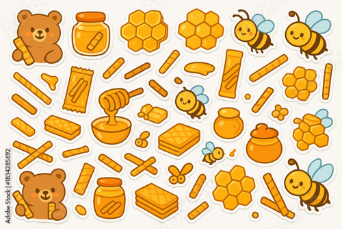 Playful honey-themed stickers with bears, bees, and honeycombs