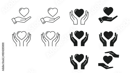 Collection of stylized hands holding hearts in various forms and styles.