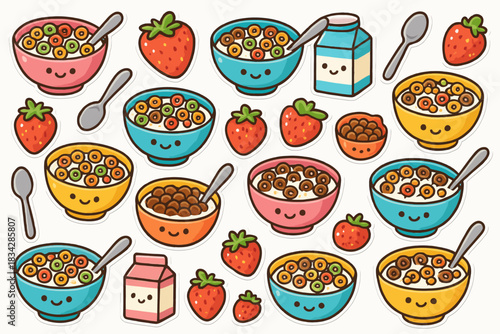 Cute cartoon cereal and strawberry pattern with milk and spoons