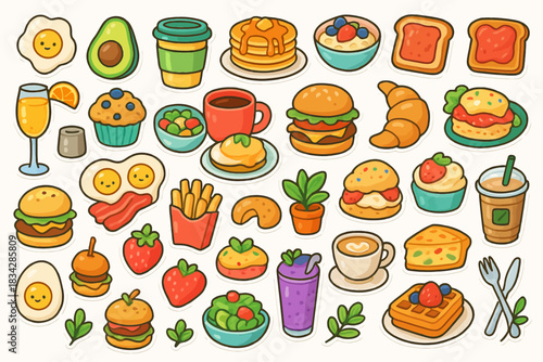Colorful assortment of breakfast and snack foods in cartoon style