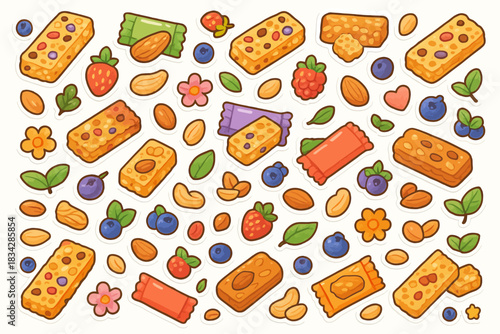 Colorful pattern of snack bars and fruits with nuts and leaves