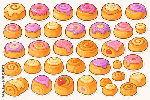 Assorted colorful pastries with frosting and sprinkles illustration