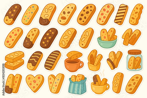 Assorted biscotti patterns with various toppings and shapes on light background