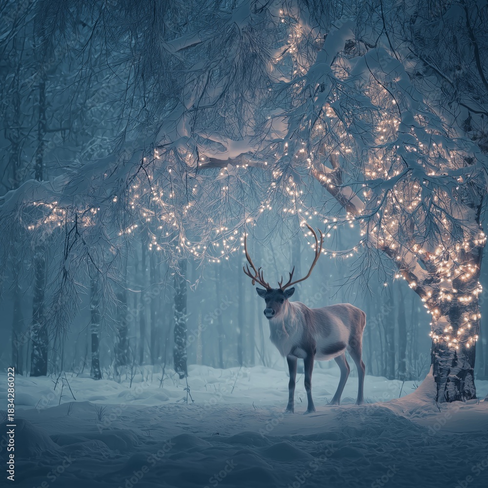 Naklejka premium Reindeer standing in snowy forest with magical Christmas lights. Reindeer standing in deep snow, illuminated by magical Christmas lights in a winter forest