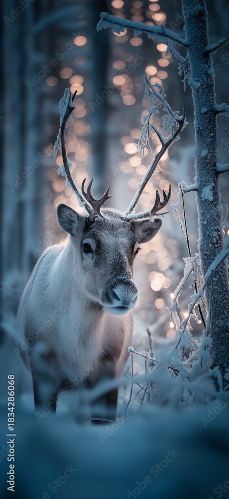 Naklejka premium Reindeer standing in snowy forest with magical Christmas lights. Reindeer standing in deep snow, illuminated by magical Christmas lights in a winter forest
