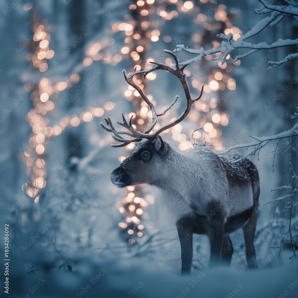 Naklejka premium Reindeer standing in snowy forest with magical Christmas lights. Reindeer standing in deep snow, illuminated by magical Christmas lights in a winter forest