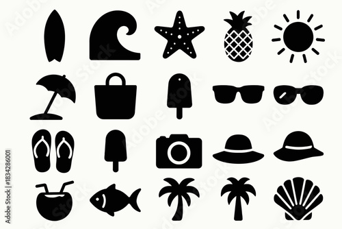 Summer beach icons set: surf, sun, pineapple, umbrella, camera, sunglasses, starfish, coconut, palm tree