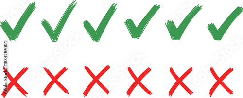 Green check marks and red x marks hand drawn on white background