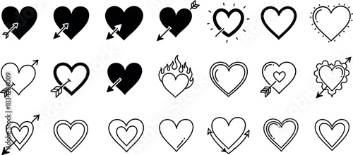 Collection of hand drawn hearts with arrows for valentine s day design