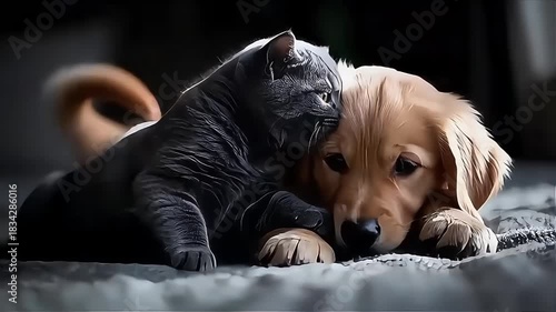 Furry Harmony: Playful Kitten and Puppy Cuddling Together