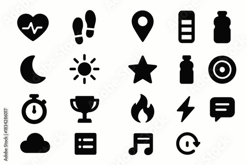 Icon set: health, fitness, location, battery, night, day, star, target, stopwatch, trophy, fire, music, chat
