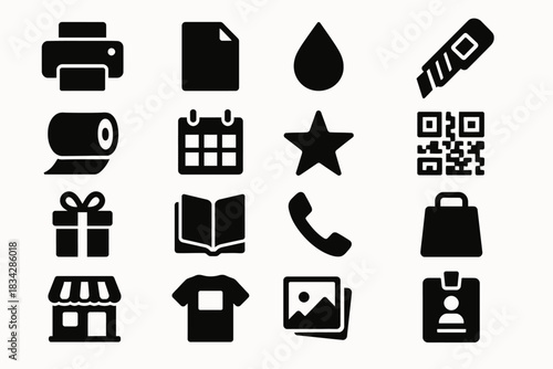 Set of various black icons including printer, calendar, and shopping bag