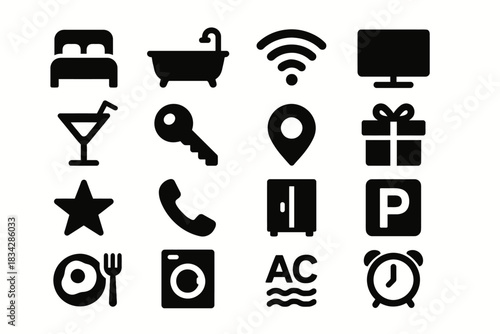Set of minimalist icons: bed, bath, wi-fi, tv, drinks, key, location, gift, star, phone, fridge, parking, washer, ac, clock