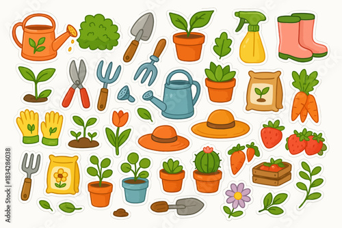Colorful gardening tools and plants collection with fruits and flowers