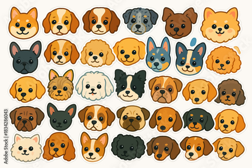 Colorful array of cute and diverse dog faces in cartoon style