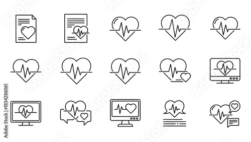 A collection of electrocardiogram and heart icons representing health and medical data.