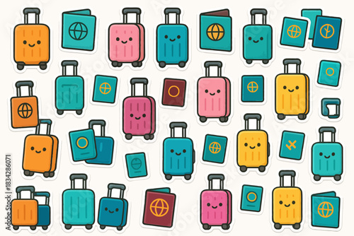 Cute cartoon luggage and passports with smiling faces in bright colors on white background