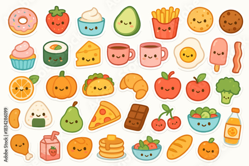 Cute kawaii food stickers featuring adorable fruits and snacks