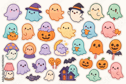 Cute cartoon ghosts and halloween symbols in pastel colors