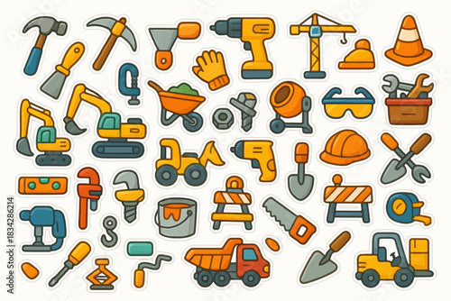 Colorful construction tools and equipment stickers collection