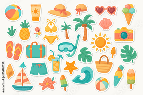 Colorful summer stickers: beachwear, tropical fruits and vacation icons