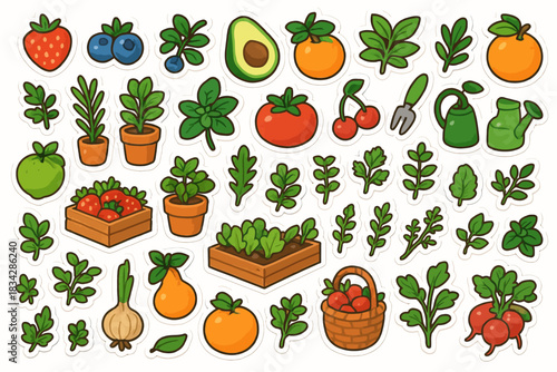Colorful sticker set featuring various fresh fruits and vegetables