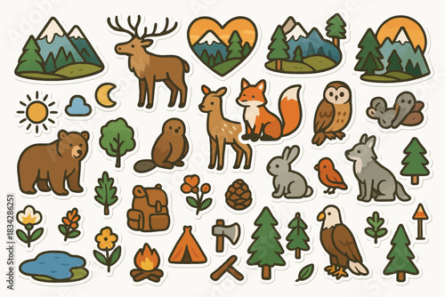 Cute forest animal and nature sticker collection with trees and mountains
