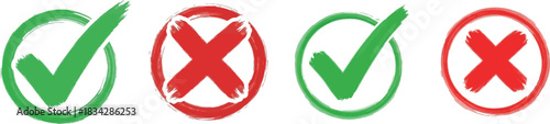 Green check marks and red x marks in circles on white background