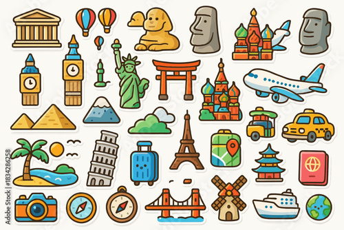Colorful travel icons featuring global landmarks, transport, and adventure elements