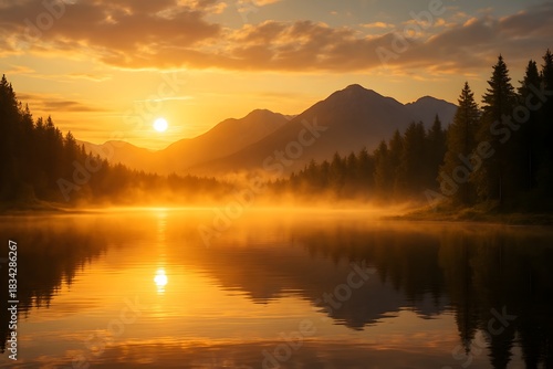 Wallpaper Mural Sunrise Over Serene Mountain Lake with Golden Light and Mist, Photorealistic High-Resolution Nature Landscape Torontodigital.ca