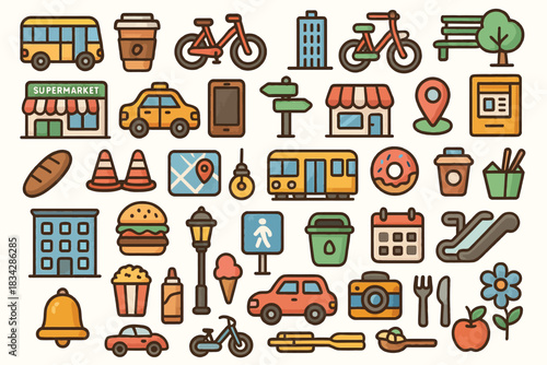 Colorful urban icons featuring transportation, food, and city life