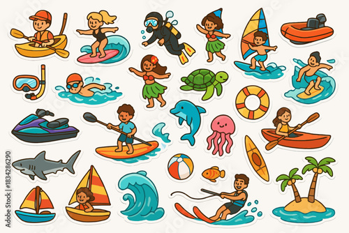 Colorful cartoon summer adventures with kids enjoying water activities and marine life