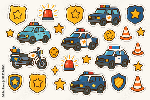 Colorful cartoon police vehicles and equipment icons on white background