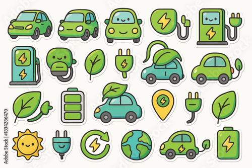 Eco-friendly transportation icons: green cars, electric plugs, and renewable energy symbols