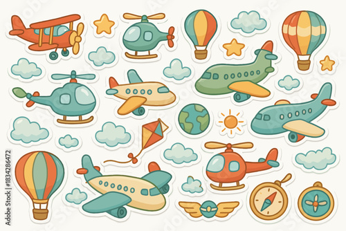 Colorful cartoon aircraft stickers: planes, helicopters, balloons, and clouds