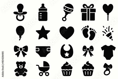 Baby shower icons: pacifier, bottle, rattle, gift, heart, balloons, bear, stroller