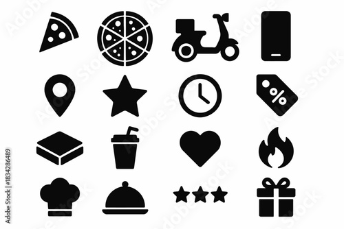 Set of black food and delivery icons including pizza, scooter, and gift box