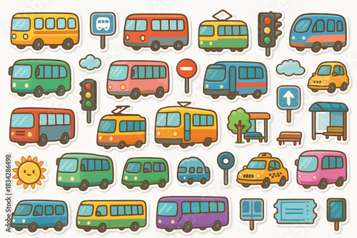 Colorful cartoon transportation stickers featuring buses, trams, and traffic signs