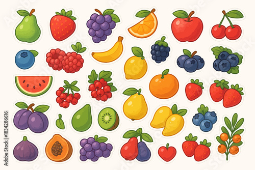 Colorful assortment of various cartoon fruits on light background