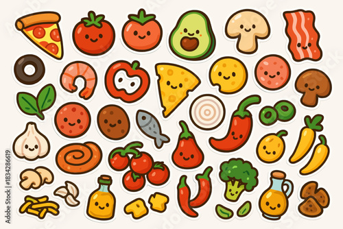Cute kawaii food characters: pizza, vegetables, fruits, cheese, and more
