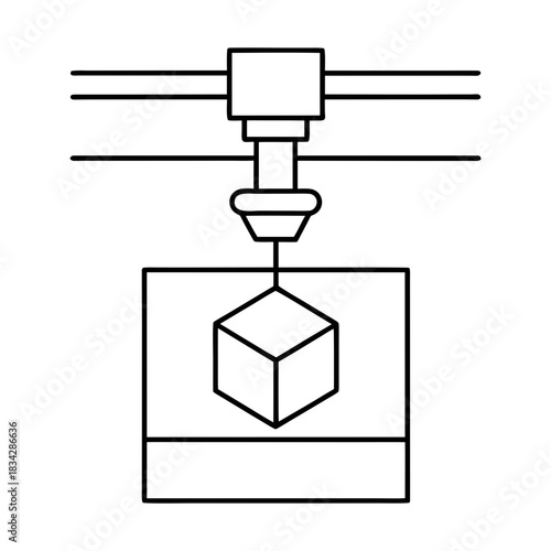 Illustration of a three d printer creating a cube object on transparent background