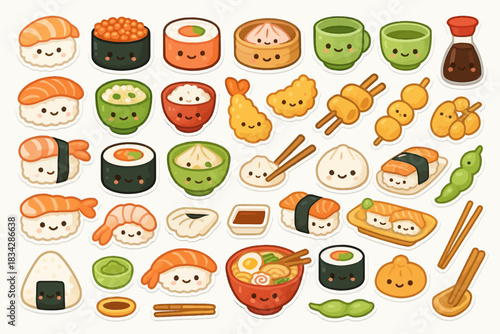 Cute kawaii japanese food characters with happy faces