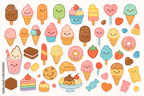 Cute kawaii ice cream desserts and sweets collection with faces