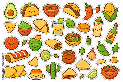Colorful cartoon mexican food stickers with cute faces and vegetables