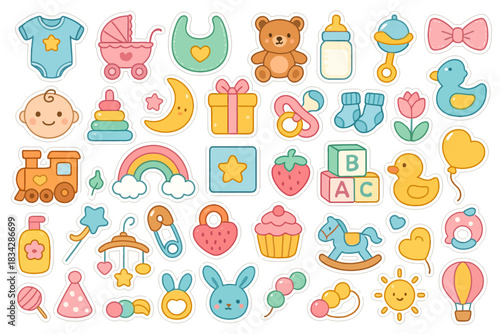 Colorful baby-themed stickers featuring toys and symbols for kids