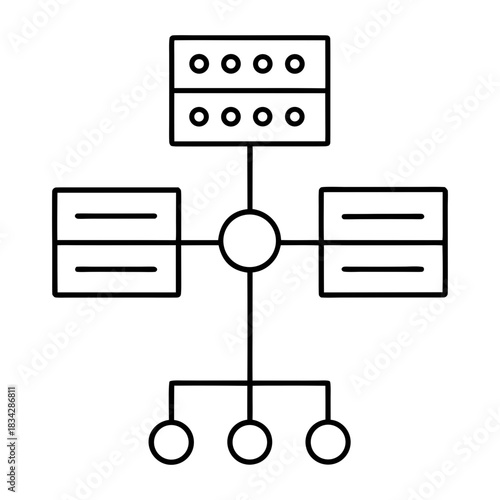 Diagram showing server database connected to three clients on transparent background
