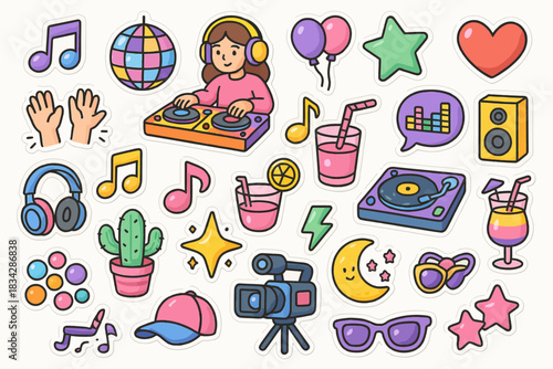 Female dj with colorful music and party-themed vector stickers