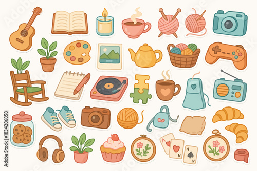 Colorful assortment of hobby icons: music, art, knitting, and more