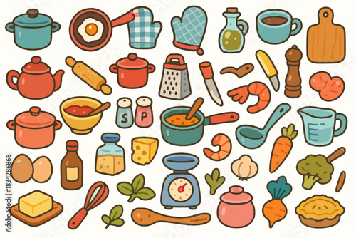 Colorful hand-drawn kitchen utensils and ingredients collection